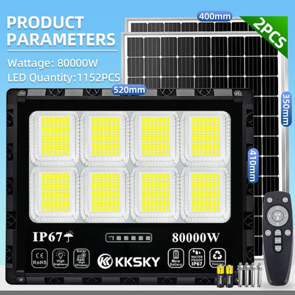 80000W Solar Lights Outdoor LED Waterproof 1152 LED beads 2pcs solar panel super bright solar flood light for commercial outdoor lighting