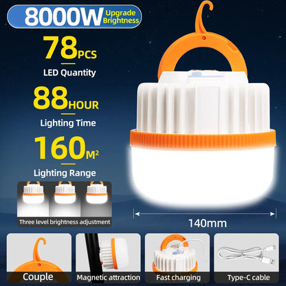 8000W high brightness rechargeable tent camping light lantern,78pcs LED beads,88hrs long runtime,160㎡ lighting area,magnetic suction & hanging hook,3‑level brightness