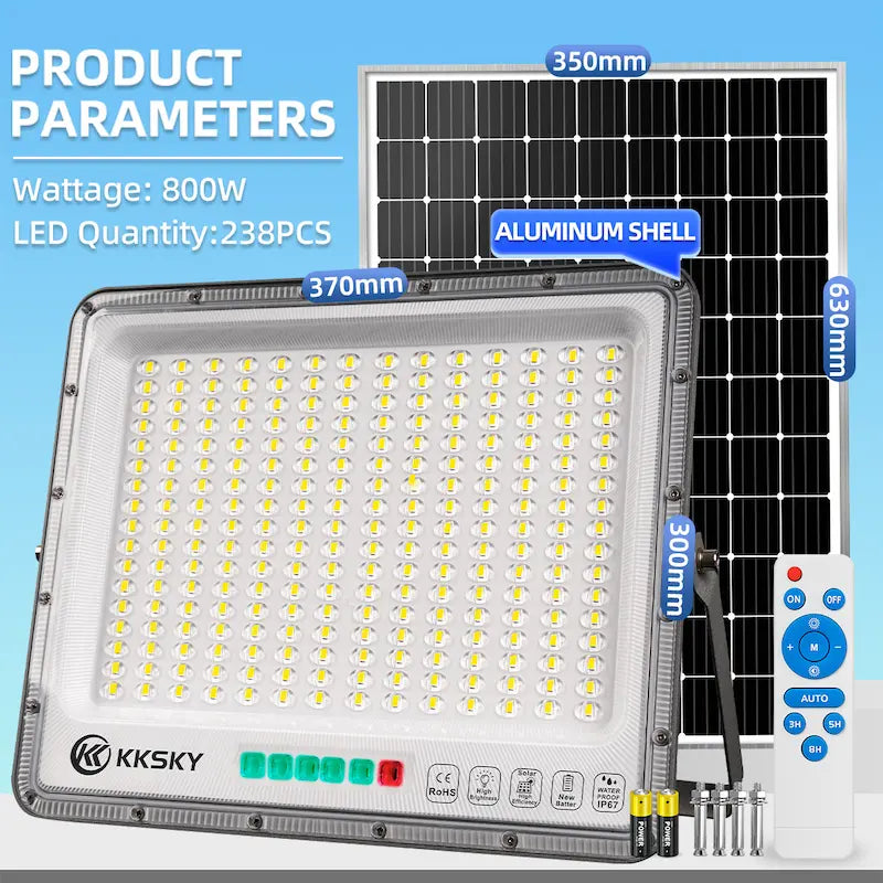 800W solar outdoor waterproof led flood street light product parameters,238pcs LED aluminum shell dimension specs