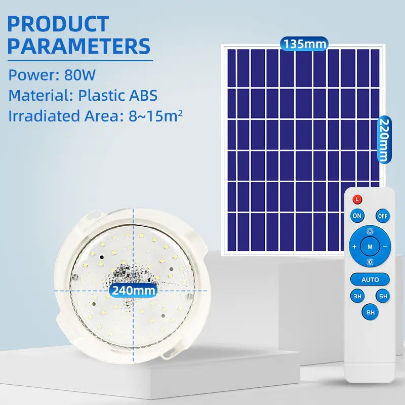80W solar ceiling light with separate solar panel and remote control, ABS plastic, covers 8-15 sqm, solar indoor ceiling lamp specification chart
