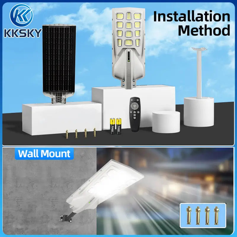 KKSKY all in one solar street light installation method, wall mount and pole mount, complete mounting hardware accessories