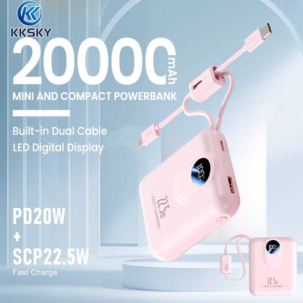 KKSKY 20000 mAh PD22.5w Portable Powerbank Fast Charging Original 2.1a Quick Charge Dual Input & Usb Output Compatible For Smartphones Built With 2 Cables Type-c/Lighting