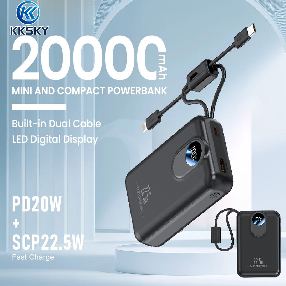 KKSKY 20000 mAh PD22.5w Portable Powerbank Fast Charging Original 2.1a Quick Charge Dual Input & Usb Output Compatible For Smartphones Built With 2 Cables Type-c/Lighting