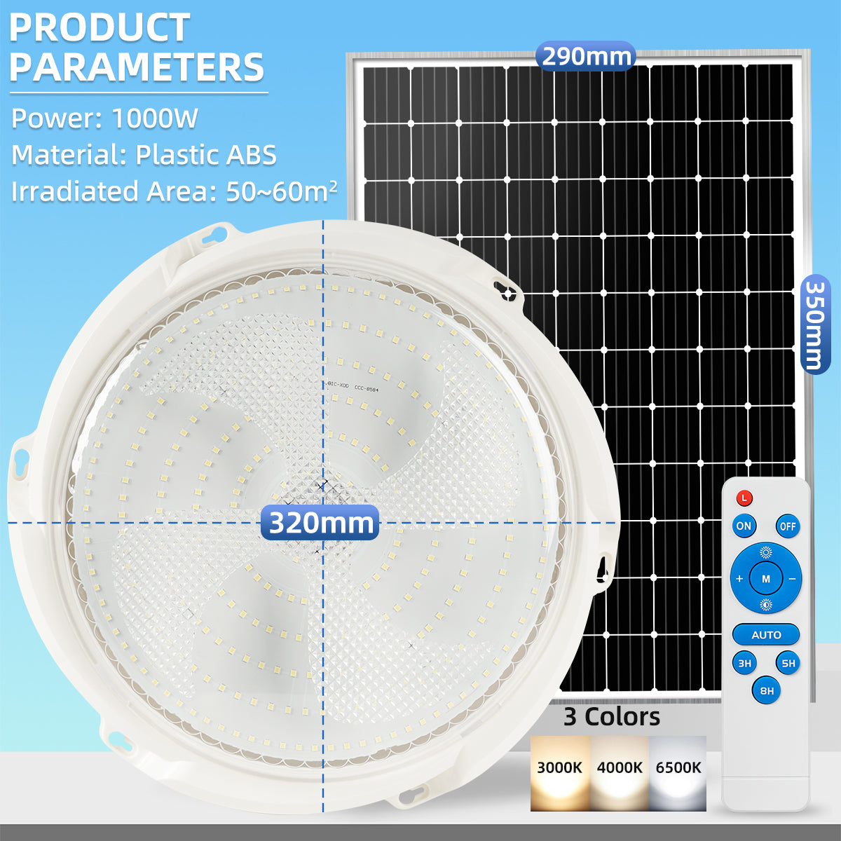 KKSKY Solar Ceiling Light Indoor LED Waterproof With Remot control 1000W Outdoor Lamp Bedroom Home