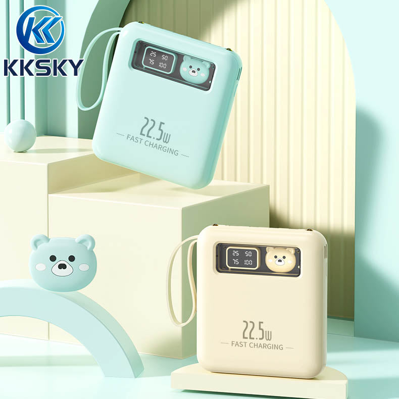 KKSKY Powerbank Mini 10000 Mah Fast Charging Pocket Type C Original Power Banks Android Iphone Built With 4 Calbes Cartoon Bear PD22.5W Led Digital Display Portable Yellow, Blue,Pink