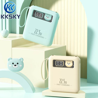 KKSKY Powerbank Mini 10000 Mah Fast Charging Pocket Type C Original Power Banks Android Iphone Built With 4 Calbes Cartoon Bear PD22.5W Led Digital Display Portable Yellow, Blue,Pink