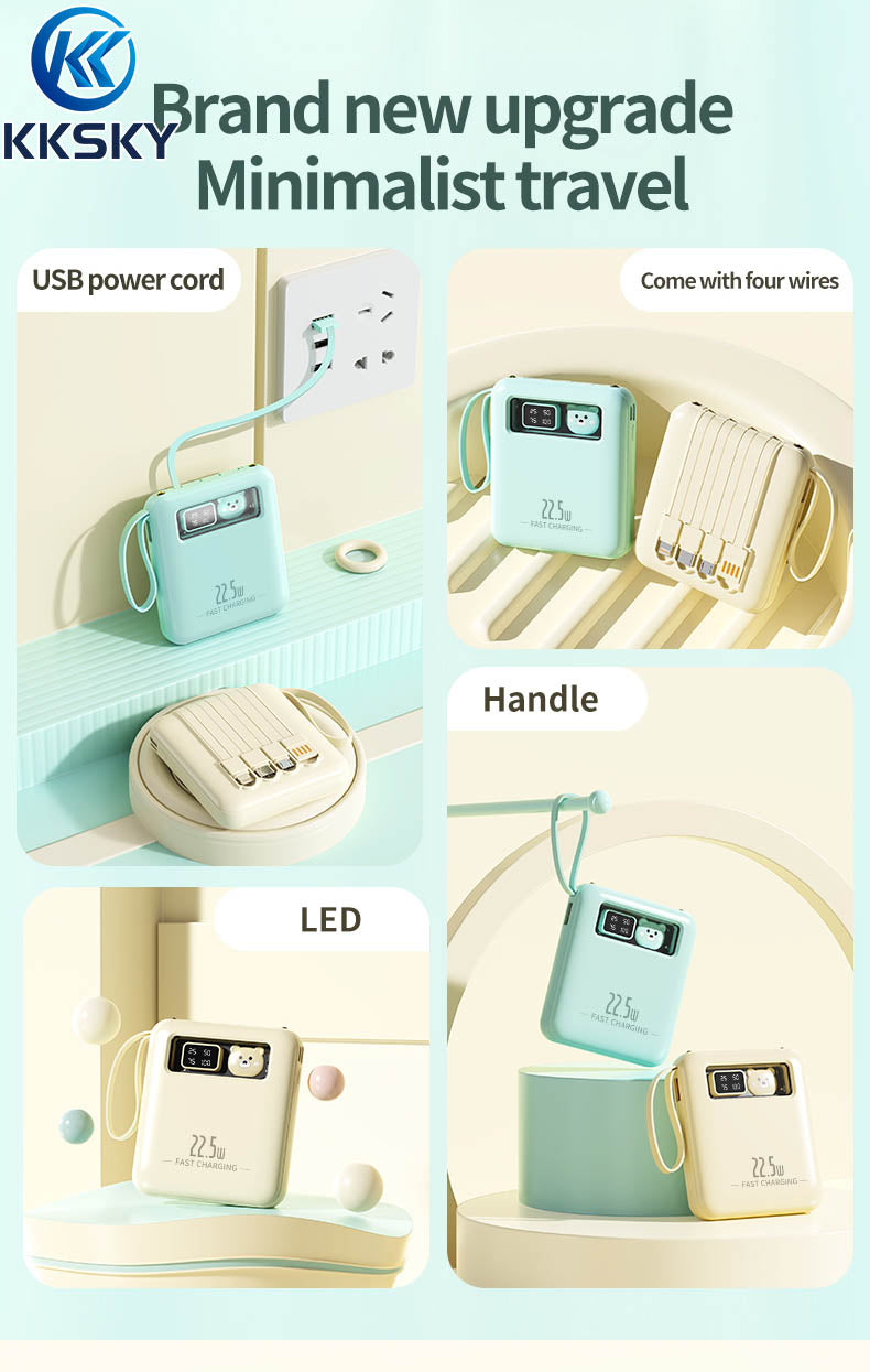 KKSKY Powerbank Mini 10000 Mah Fast Charging Pocket Type C Original Power Banks Android Iphone Built With 4 Calbes Cartoon Bear PD22.5W Led Digital Display Portable Yellow, Blue,Pink