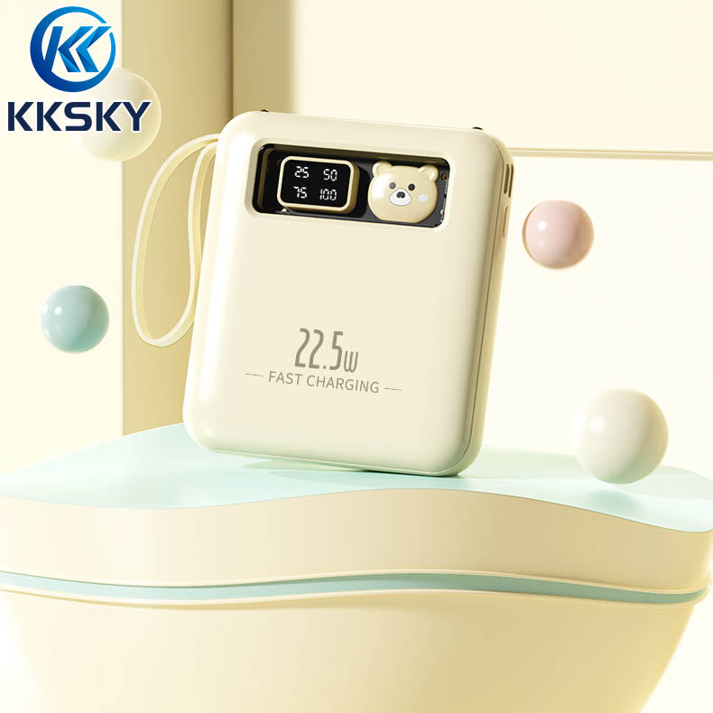 KKSKY Powerbank Mini 10000 Mah Fast Charging Pocket Type C Original Power Banks Android Iphone Built With 4 Calbes Cartoon Bear PD22.5W Led Digital Display Portable Yellow, Blue,Pink