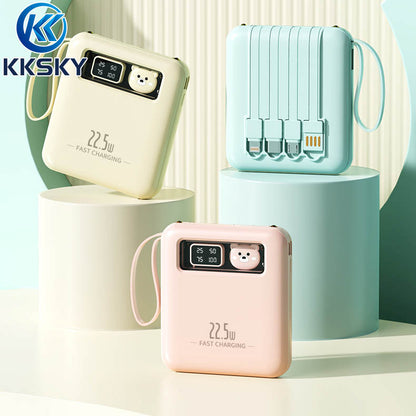KKSKY Powerbank Mini 10000 Mah Fast Charging Pocket Type C Original Power Banks Android Iphone Built With 4 Calbes Cartoon Bear PD22.5W Led Digital Display Portable Yellow, Blue,Pink