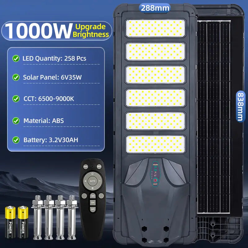 1000W All In One Solar Street Light Outdoor Waterproof Spec Sheet,258 LED beads,6V35W solar panel,3.2V30AH battery with remote control