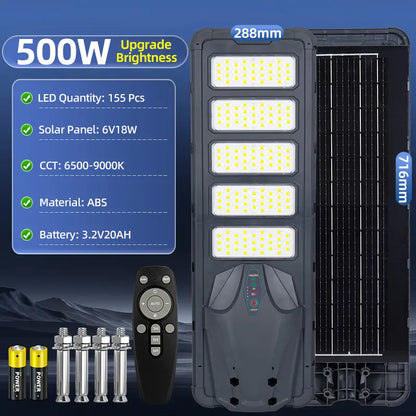 500W All In One Solar Street Light Outdoor Waterproof Spec Sheet,155 LED beads,6V18W solar panel,3.2V20AH battery with remote control