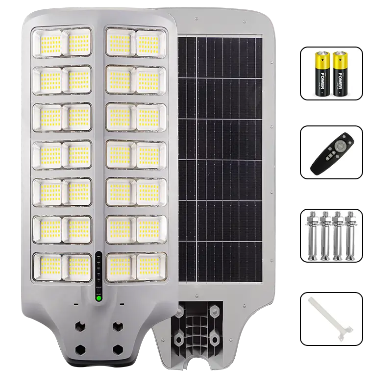 All in one solar street light front and back side view, complete package with remote, batteries, mounting screw
