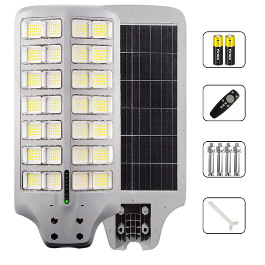 All in one solar street light front and back side view, complete package with remote, batteries, mounting screw