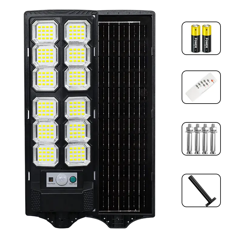 All in one integrated solar street light front and back view, with remote control, batteries, mounting bolts and pole, motion sensor outdoor solar street lamp, white background