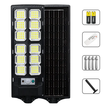 All in one integrated solar street light front and back view, with remote control, batteries, mounting bolts and pole, motion sensor outdoor solar street lamp, white background