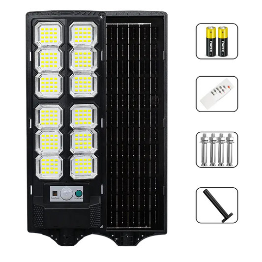 All in one integrated solar street light front and back view, with remote control, batteries, mounting bolts and pole, motion sensor outdoor solar street lamp, white background