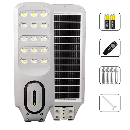 All in one solar street light front and back view, integrated solar panel, includes remote control, batteries, mounting screws and lamp post, outdoor waterproof solar street lamp, white background