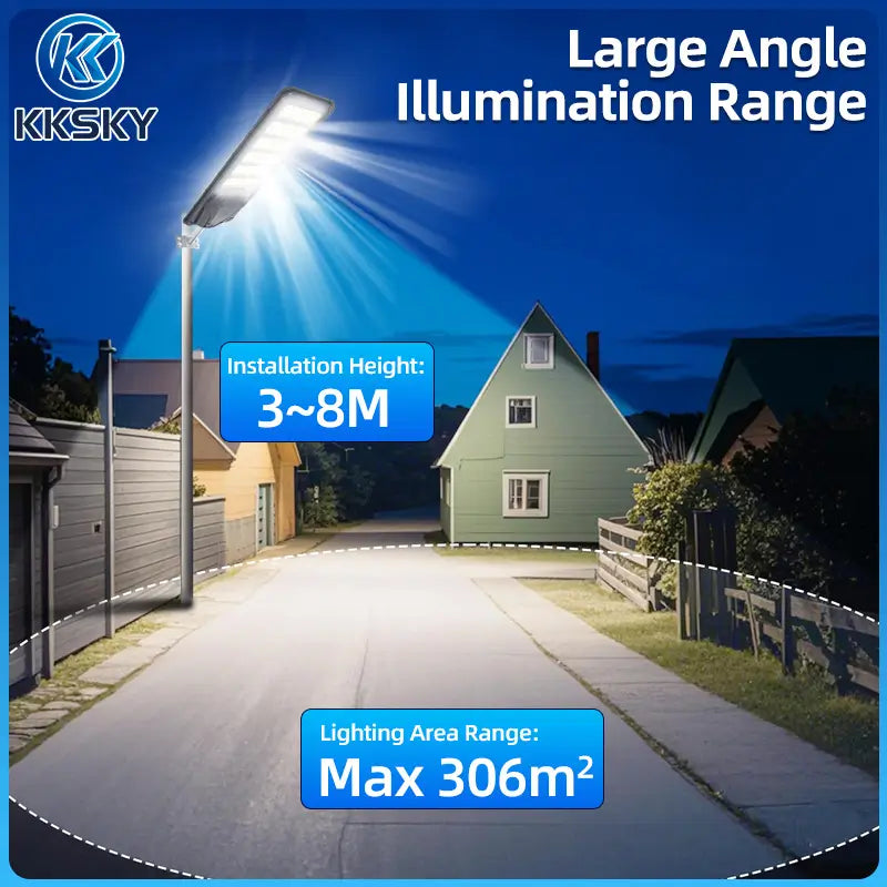 All in one solar street light wide angle illumination, max lighting area 306m², installation height 3 to 8 meters for outdoor use