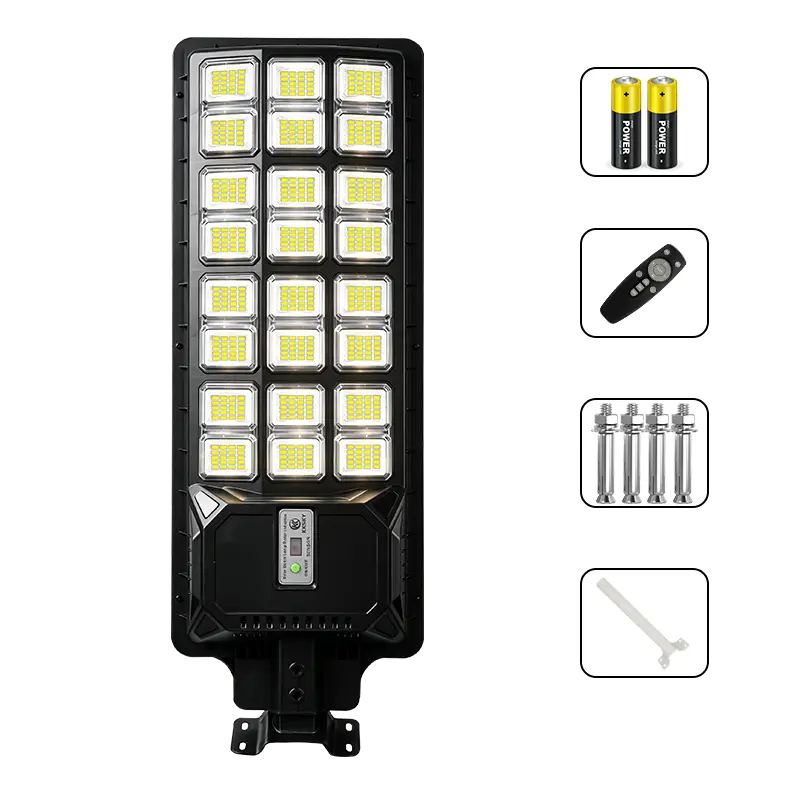 All in one solar street light with complete accessories, remote control, batteries, mounting screws and bracket, motion sensor outdoor solar road lamp, white background