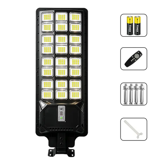 All in one solar street light with complete accessories, remote control, batteries, mounting screws and bracket, motion sensor outdoor solar road lamp, white background