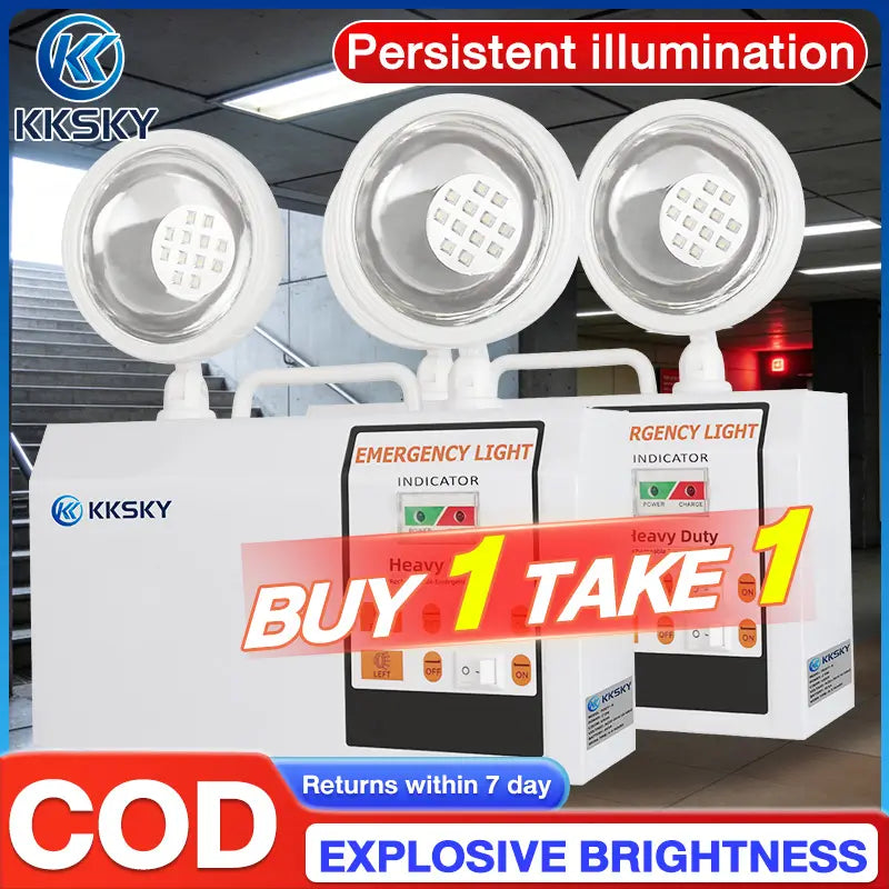 Two KKSKY heavy-duty emergency lights with three high-brightness floodlights each, shown with promotional text overlays including 'Persistent illumination', 'BUY 1 TAKE 1', and 'EXPLOSIVE BRIGHTNESS'.