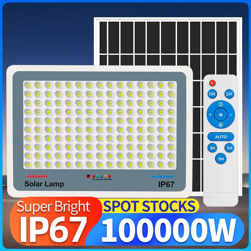 Complete set of IP67 solar flood street light, including lamp unit, separate solar panel and remote control, super bright outdoor solar lamp