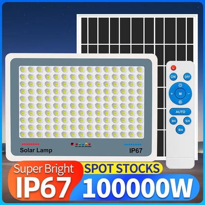 Complete set of IP67 solar flood street light, including lamp unit, separate solar panel and remote control, super bright outdoor solar lamp