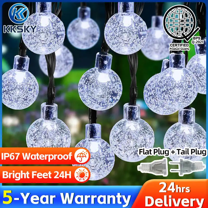 KKSKY cool white crystal bubble globe string lights, IP67 waterproof, flat plug and tail plug design, long service LED decorative fairy lights