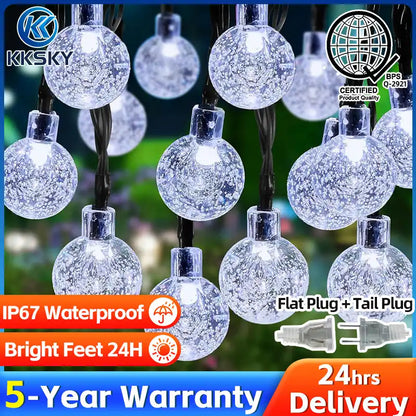 KKSKY cool white crystal bubble globe string lights, IP67 waterproof, flat plug and tail plug design, long service LED decorative fairy lights