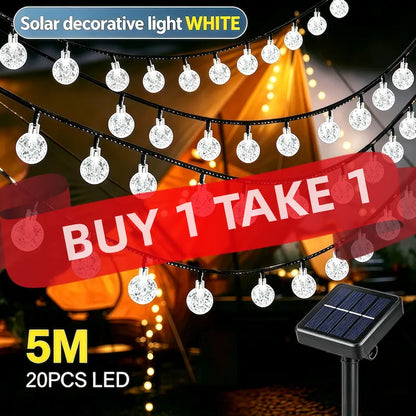 Cool white solar waterproof string lights buy 1 take 1 promotion,5M 20LED bubble globe solar fairy lights for patio and Christmas decor