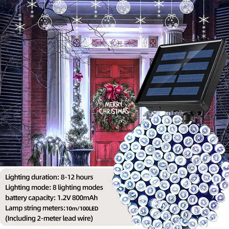 KKSKY white 10m 100LED solar string lights decorating Christmas red door and Merry Christmas wreath
