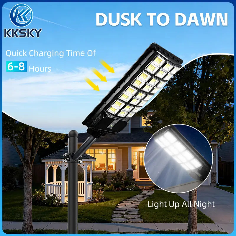 Dusk to dawn solar street light fast charging 6‑8 hours, all‑night outdoor solar flood lamp for yard garden villa driveway