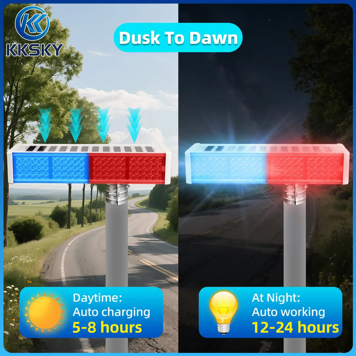 Dusk to dawn solar warning strobe light, auto charge daytime 5-8h, auto work night 12-24h