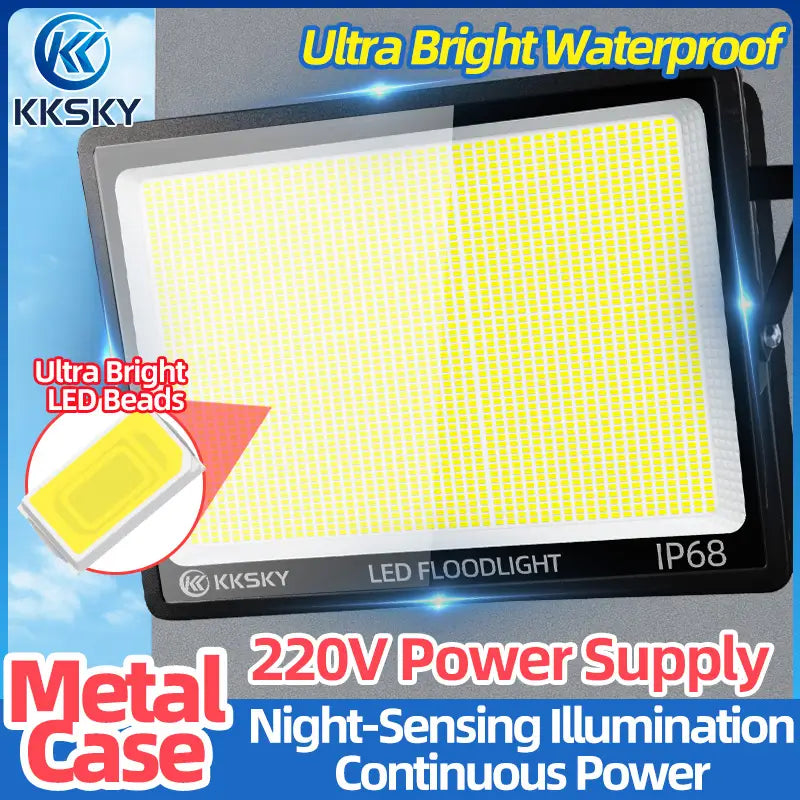 KKSKY electric LED Flood Light Outdoor Waterproof IP68,ultra bright LED beads metal housing 220V night‑sensing flood light for exterior lighting