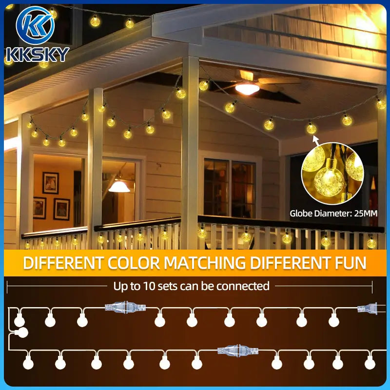 KKSKY plug in string lights installation guide, max 10 sets connectable, 25mm globe lamp, outdoor porch patio decorative lighting layout