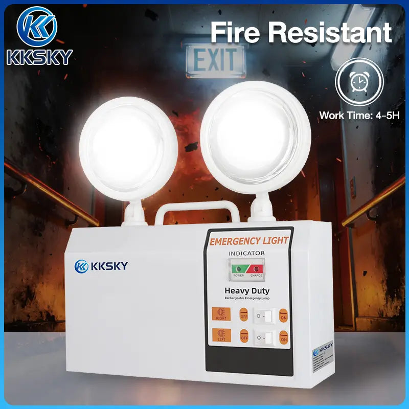 White KKSKY emergency exit light with two round floodlights and a front control panel, shown against a dark corridor background with text overlays reading Fire Resistant and Work Time: 4-5H.