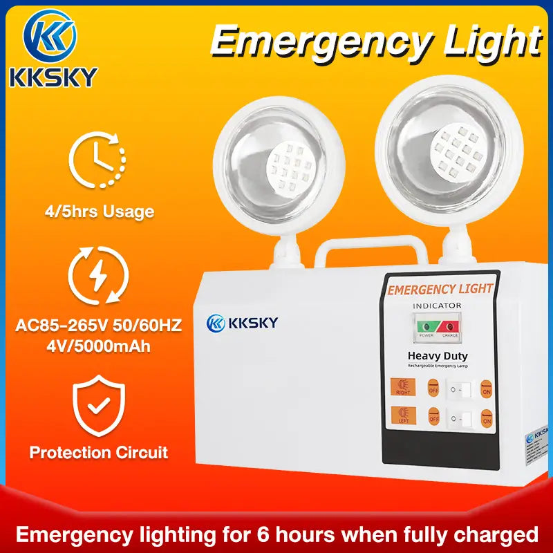 White KKSKY heavy-duty emergency light with dual LED lamps and a front indicator panel, shown on an orange-to-red gradient background with feature icons and text.