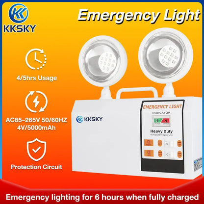 White KKSKY heavy-duty emergency light with dual LED lamps and a front indicator panel, shown on an orange-to-red gradient background with feature icons and text.