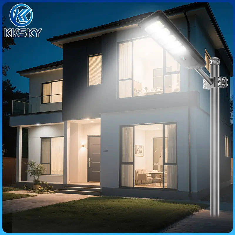 Solar LED street light pole mounted, dusk to dawn outdoor lighting for residential house driveway at night