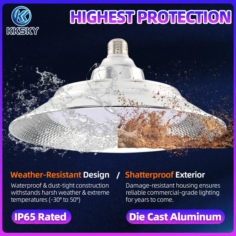 KKSKY IP65 Waterproof LED High Bay Light die‑cast aluminum shatterproof weather resistant industrial ceiling lamp