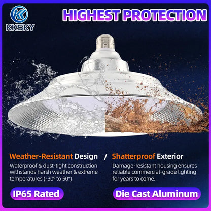 KKSKY IP65 Waterproof LED High Bay Light die‑cast aluminum shatterproof weather resistant industrial ceiling lamp