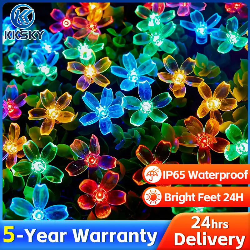 KKSKY IP65 waterproof solar flower string lights,durable outdoor solar fairy lights for garden patio decoration