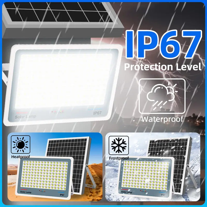 IP67 waterproof solar light outdoor flood street light, rainproof heatproof frostproof all‑weather solar lamp for outdoor use