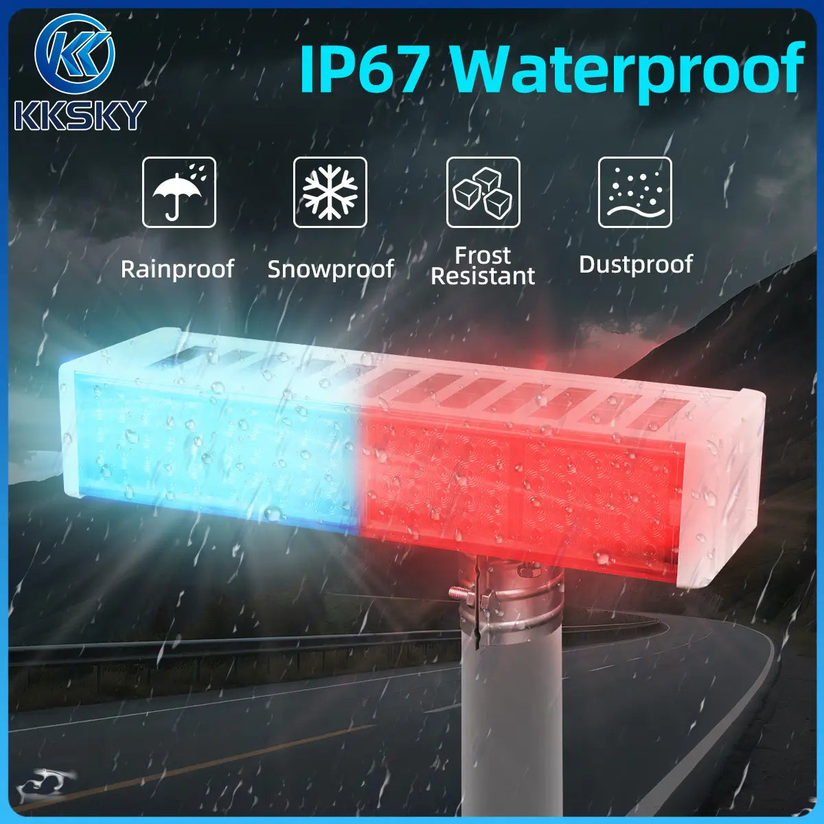 IP67 waterproof solar red blue LED warning light, rainproof snowproof dustproof for outdoor harsh weather