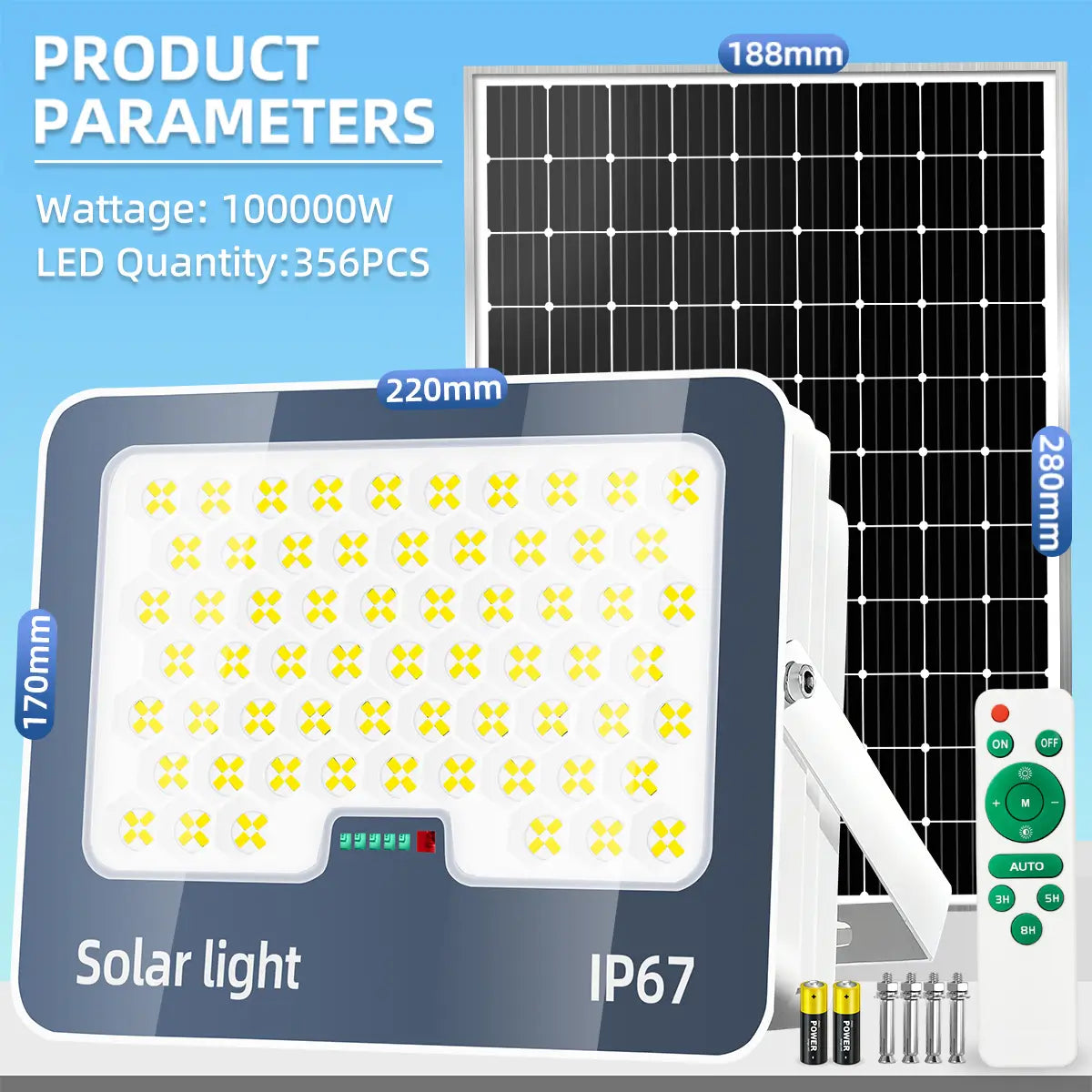 KKSKY 100000W lamp with solar panel, 356PCS LED beads, IP67 waterproof flood light for driveways and backyards