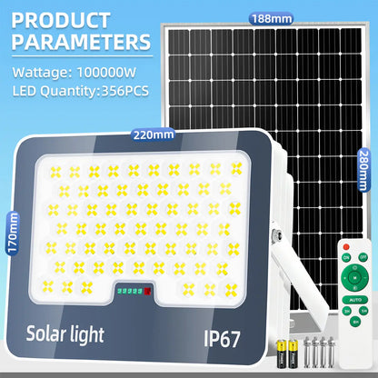 KKSKY 100000W lamp with solar panel, 356PCS LED beads, IP67 waterproof flood light for driveways and backyards