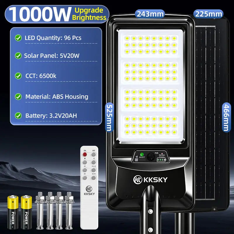 KKSKY 1000W all-in-one solar street light outdoor, 96pcs LED beads, PIR sensor remote control, high brightness solar flood lamp