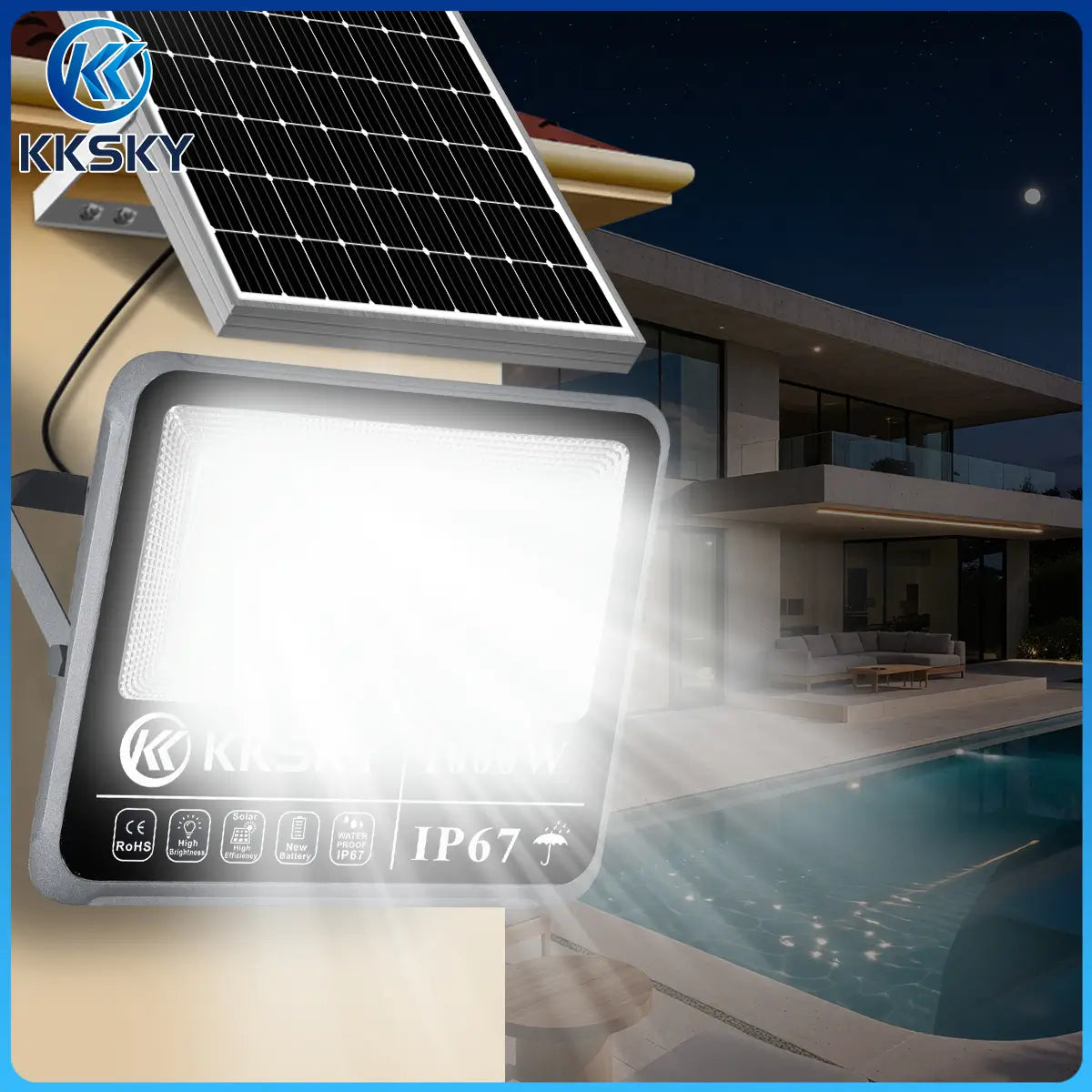 KKSKY 1000W solar flood light IP67 waterproof, villa pool backyard outdoor security solar street light night lighting effect