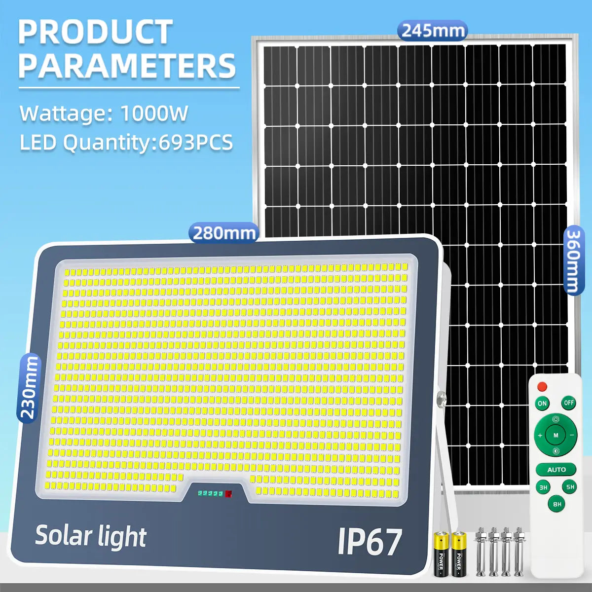 KKSKY 1000W solar flood light with solar panel, IP67 waterproof commercial outdoor light for farms and warehouses
