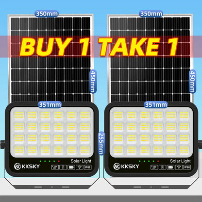 KKSKY 1000W solar light outdoor buy 1 take 1 bundle set, IP68 solar flood light two units with solar panel dimension, special promo solar street lamp